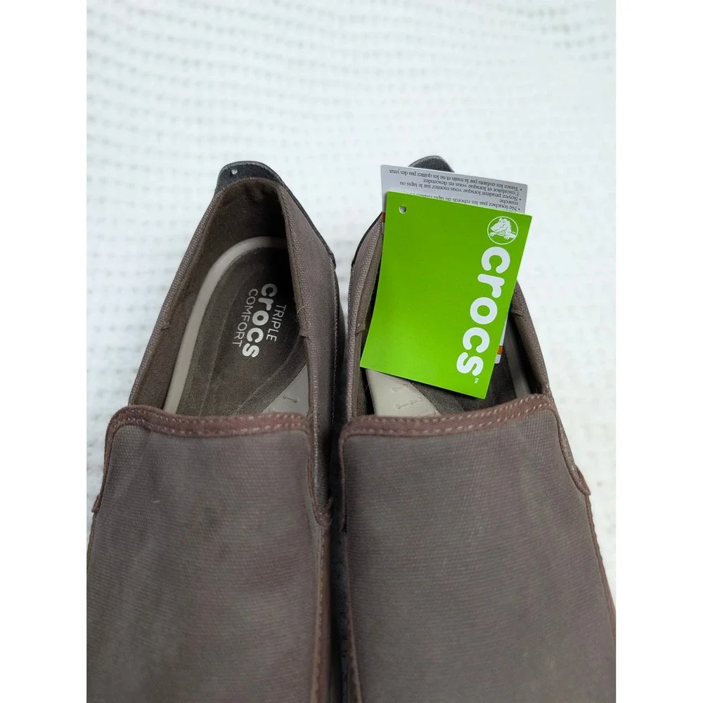 Crocs Santa Cruz 2 Luxe Mens 14 Brown Canvas Leather Loafers 204241 Slip On